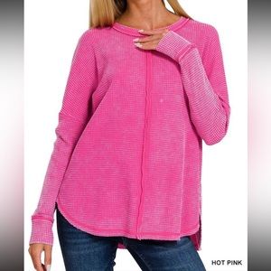 ACID WASH WAFFLE KNIT LONG SLEEVE BOUTIQUE TOP - HOT PINK - SMALL